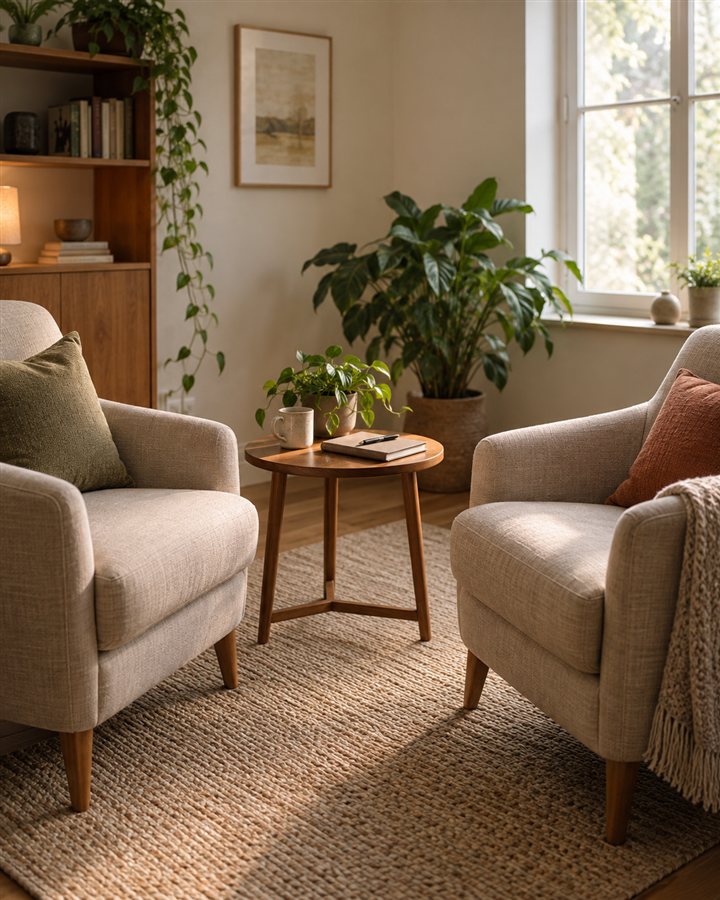 Dos sillones dispuestos para conversar junto a una mesa con un cuaderno